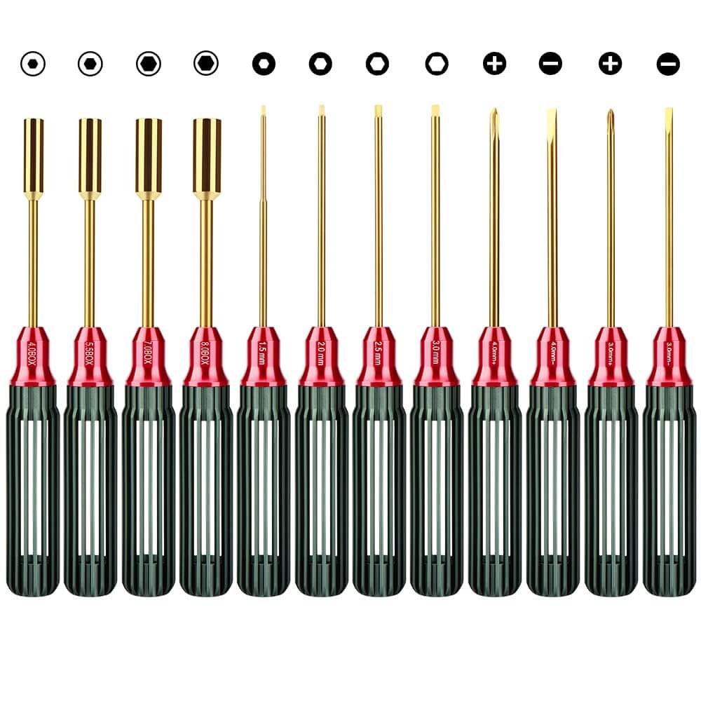 GLOBACT RC Screwdriver Kit RC Tool Kit for 1/8 1/10 Traxxas Axial Arrma (12Pcs Dark Green)