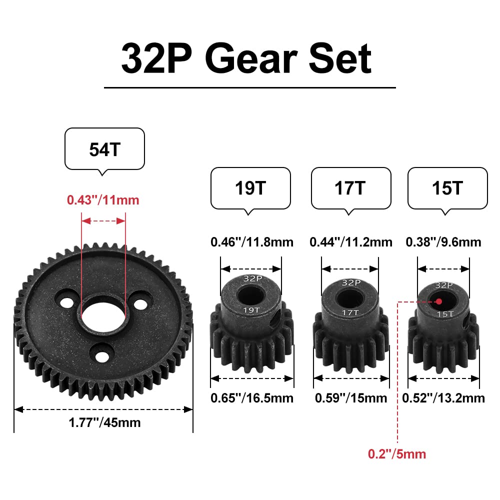GLOBACT Metal Steel 32P 54T Spur Gear with 15T/17T/19T Pinions Gear Sets Upgrade Replace 3956 for 1/10 Slash 4x4 4WD/2WD/VXL/Stampede 4x4/VXL/Rustler 4X4/VXL/VXL Rally/Summit/T-Maxx