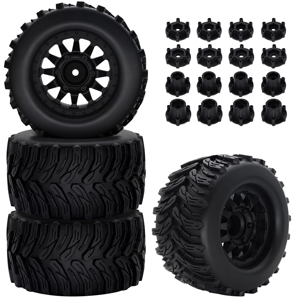GLOBACT RC Truck Tires 12mm/14mm Hex RC Wheels and Tires with Foam Inserts for 1/10 Scale Arrma Granite Axial Losi Redcat Rc4wd RC Monster Truck Buggy (4 Pcs)