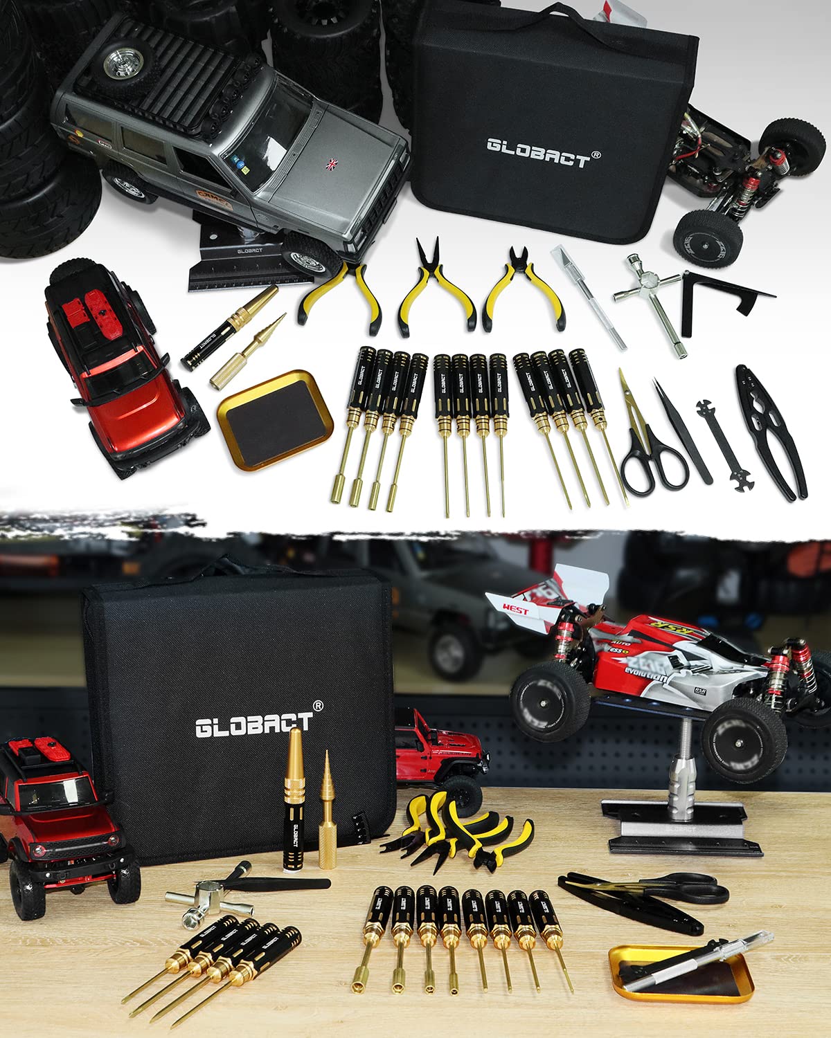 GLOBACT RC Tool Kit RC Screwdriver Kit, RC Car Stand, RC Hex Driver Set, RC  Pliers Set, Screws Tray, Wrench, Body Reamer for 1/8 1/10 Slash Axial