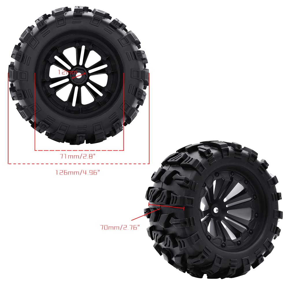 GLOBACT RC Truck Tires 2.8" Wheels and Tires 12mm Hex RC Wheels and Tires with Foam Inserts for 1/10 Scale Axial Redcat Rc4wd RC Monster Truck Buggy (4 Pcs)