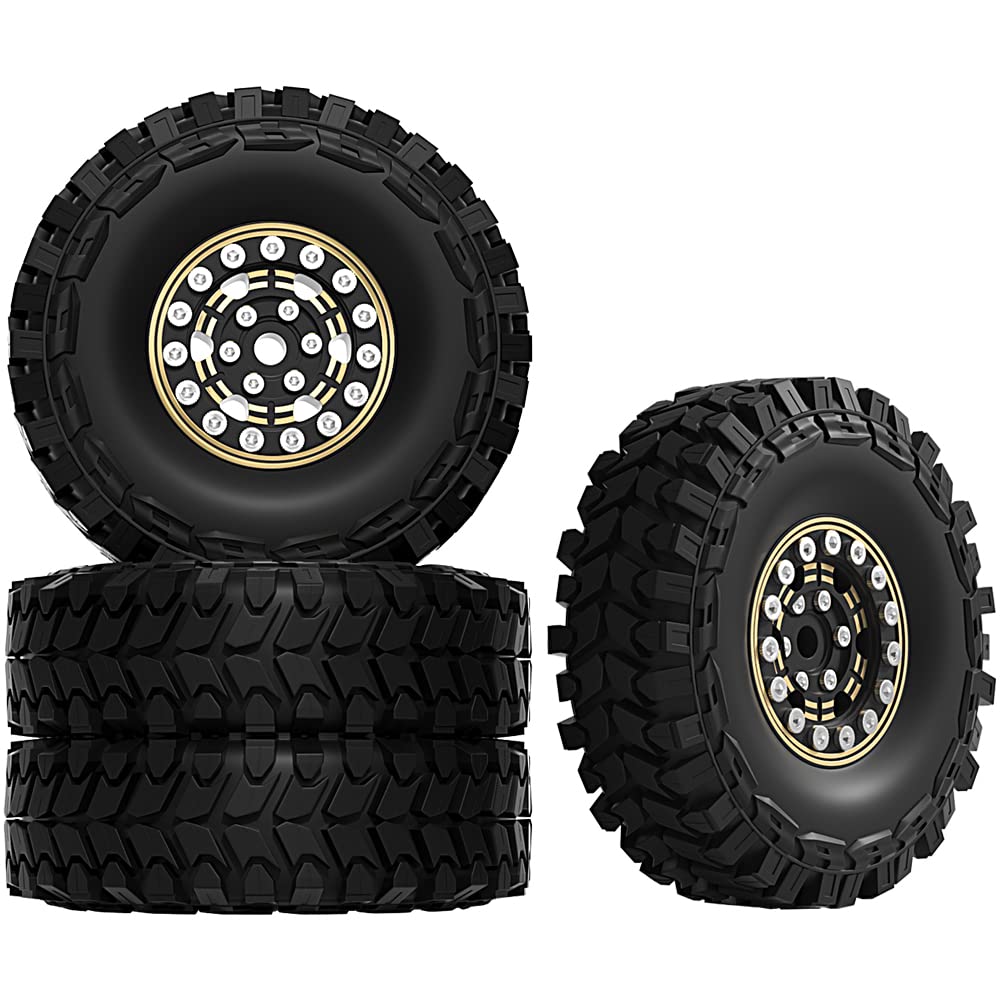 Globact Brass 1.0 inch Beadlock Tires SCX24 Tires and Wheels Soft Rubber Tires Set for 1/18 TRX4M 1/24 Axial SCX24 Bronco/JLU CRC/Deadbolt/Gladiator FMS RC Crawler Upgrade Parts (Black Gold)