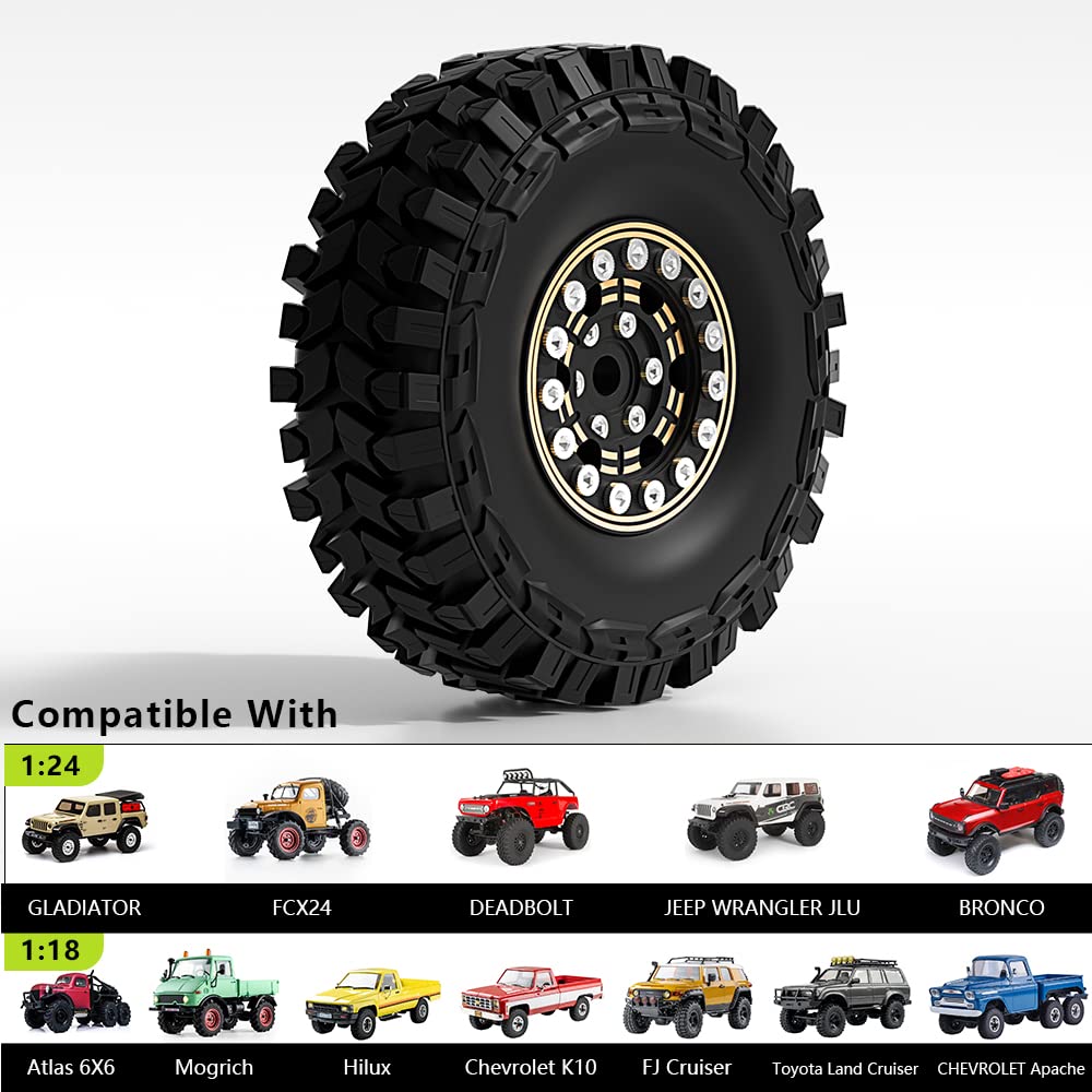 Globact Brass 1.0 inch Beadlock Tires SCX24 Tires and Wheels Soft Rubber Tires Set for 1/18 TRX4M 1/24 Axial SCX24 Bronco/JLU CRC/Deadbolt/Gladiator FMS RC Crawler Upgrade Parts (Black Gold)