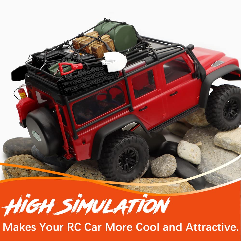 GLOBACT 1/24 1/18 RC Crawler Accessories Car Roof Decoration Luggage Net,  Recovery Board, Fire Extinguisher, Toolbox, Wood Box, Shovel for 1/18 TRX4M 