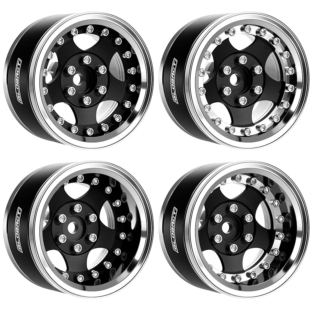 GLOBACT Aluminum 1.9 Inch Beadlock Wheels Adjustable Offset for 1/10 TRX4 TRX6 Axial SCX10 I II III Redcat GEN7 GEN8 RC Crawler (4Pcs Black)