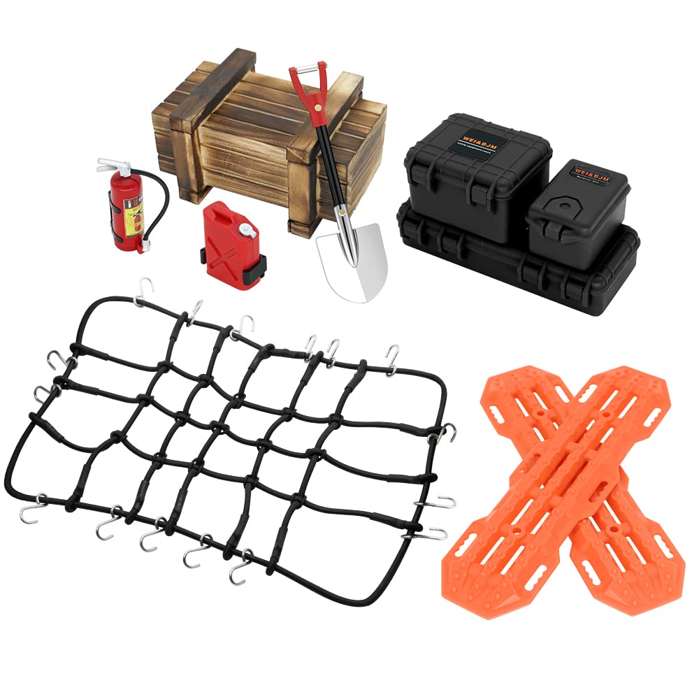 GLOBACT RC Crawler Accessories Car Roof Decoration Tank Storage Box, Wood Box, Luggage Net, Fuel Box, Shovel, Fire Extinguisher, Recovery board for RC 1/10 Crawler TRX4 Axial SCX10 Redcat