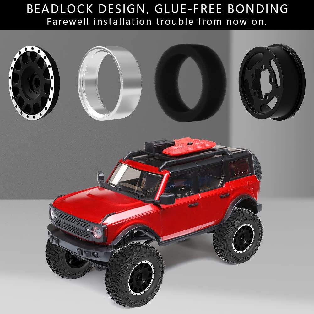 Globact Aluminum 1.25 inch Beadlock 7mm Hex RC Wheels and Tires Soft Rubber Tires Set for 1/18 TRX4M 1/24 Axial SCX24 Bronco/JLU/Deadbolt/Gladiator FMS RC Crawler Upgrade Parts 4PCS
